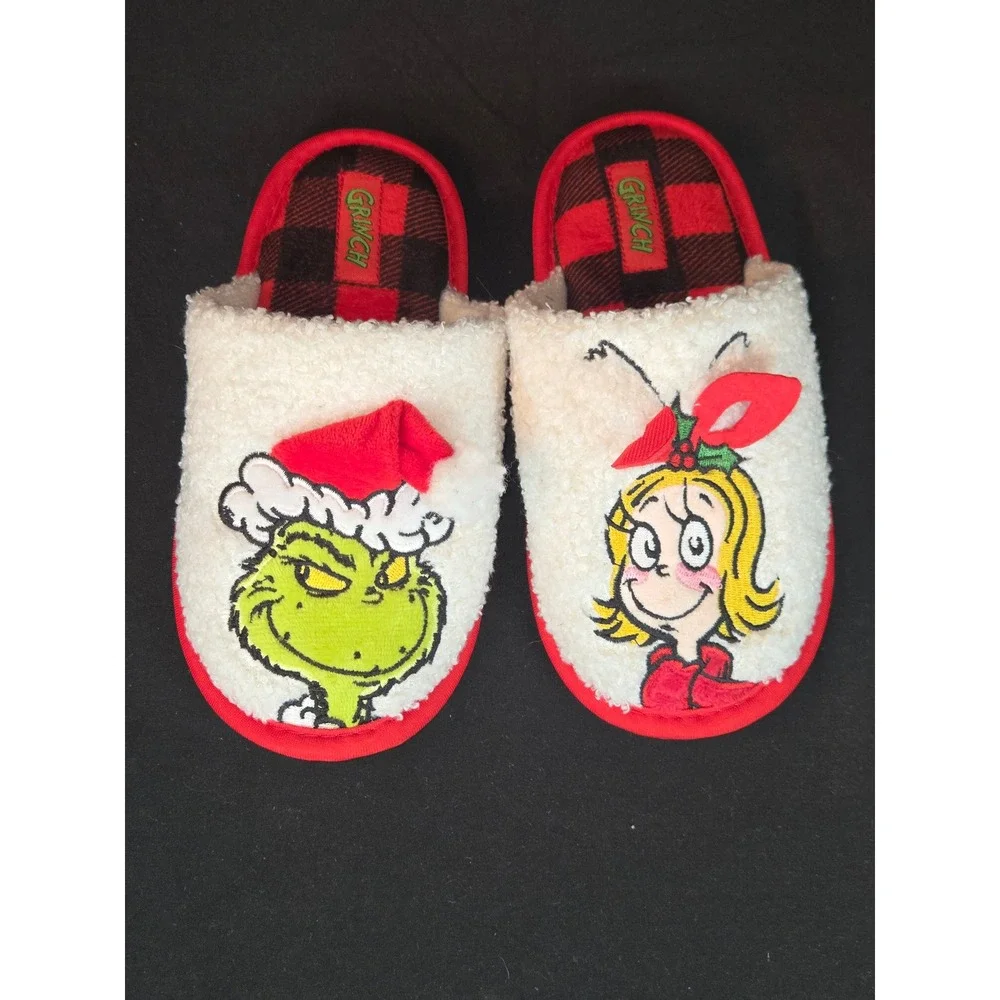 Grinch & Cindy Lou‎ Who Holiday Slippers Cozy Plush Red Plaid Kids Size 11-12